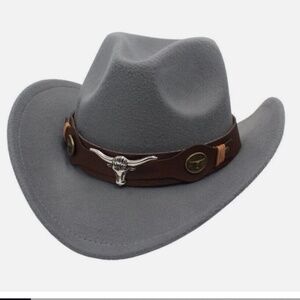Women's Grey Cowboy Fedora Rodeo Hat with Longhorn Metal leather detail